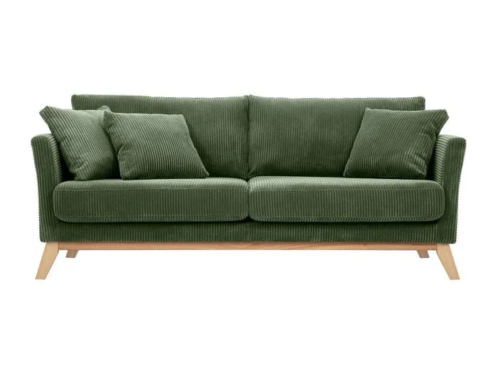 Skandinavisches Sofa mit abnehmbarem Bezug, 3-Sitzer in kordiertem Samtstoff khakigrün und hellem Holz OSLO