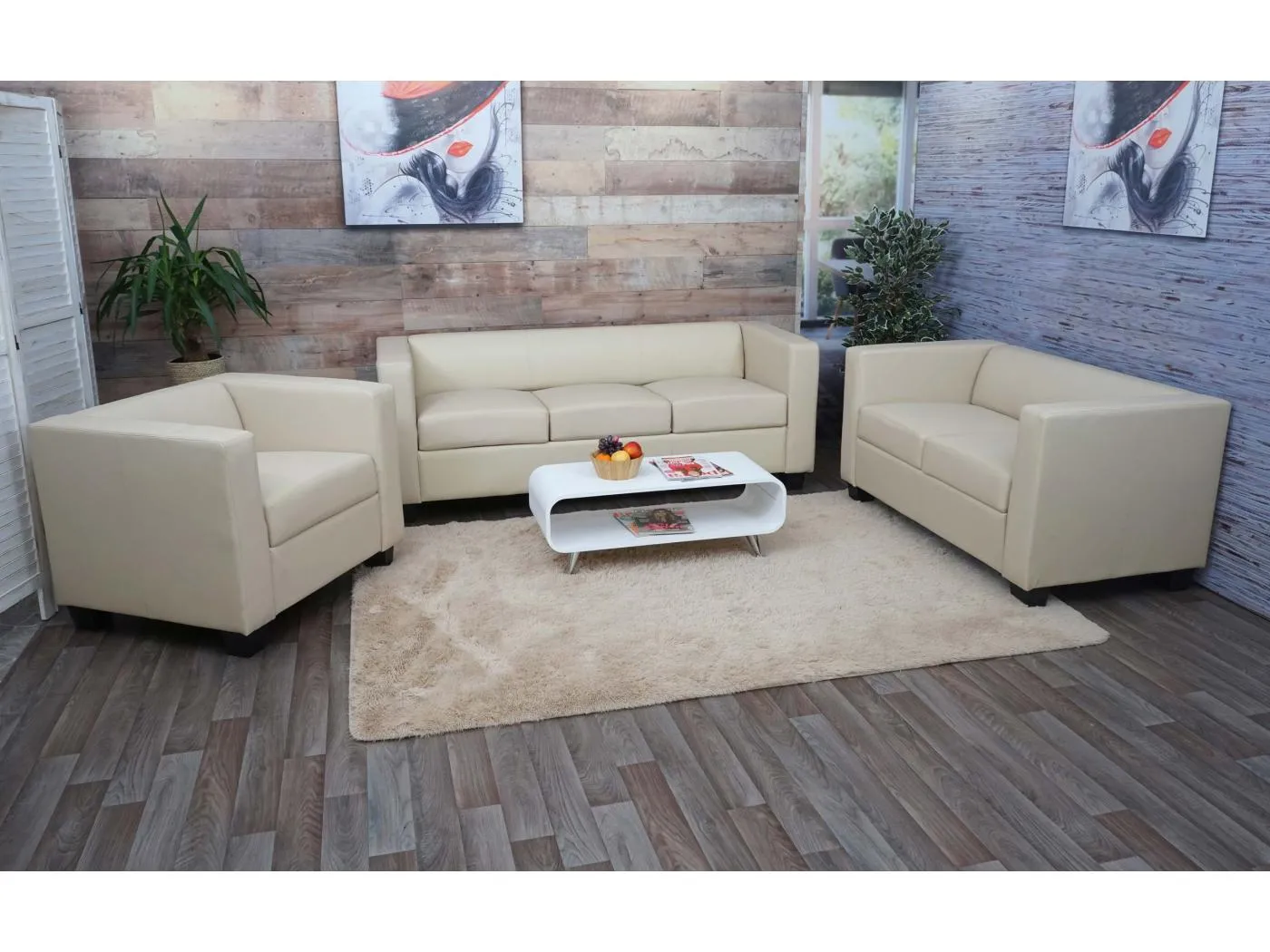 3-2-1 Sofagarnitur Lille (3-teilig), Kunstleder, creme