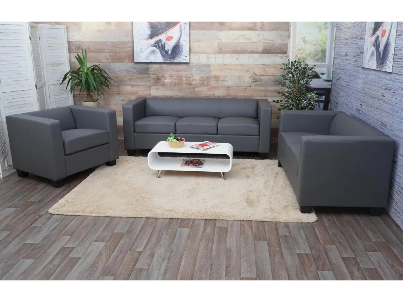 3-2-1 Sofagarnitur Lille (3-teilig), Kunstleder, dunkelgrau