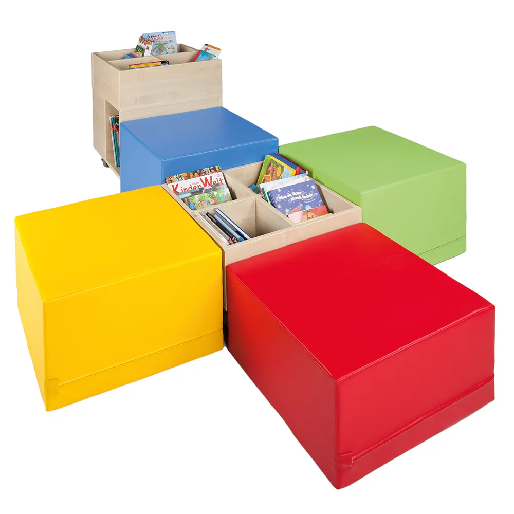 Cube Bücherinsel XL, Set aus 2 Bücherkisten und 4 XL Hockern