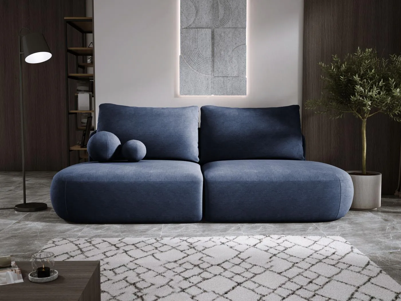 Schlafsofa Moderne  BABU mit Schlaffunktion – 3-Sitzer Sofa mit Bettkasten, DL-Automat, 2 Rückenkissen, 2 Zierkissen, 240x90x90 cm Blau