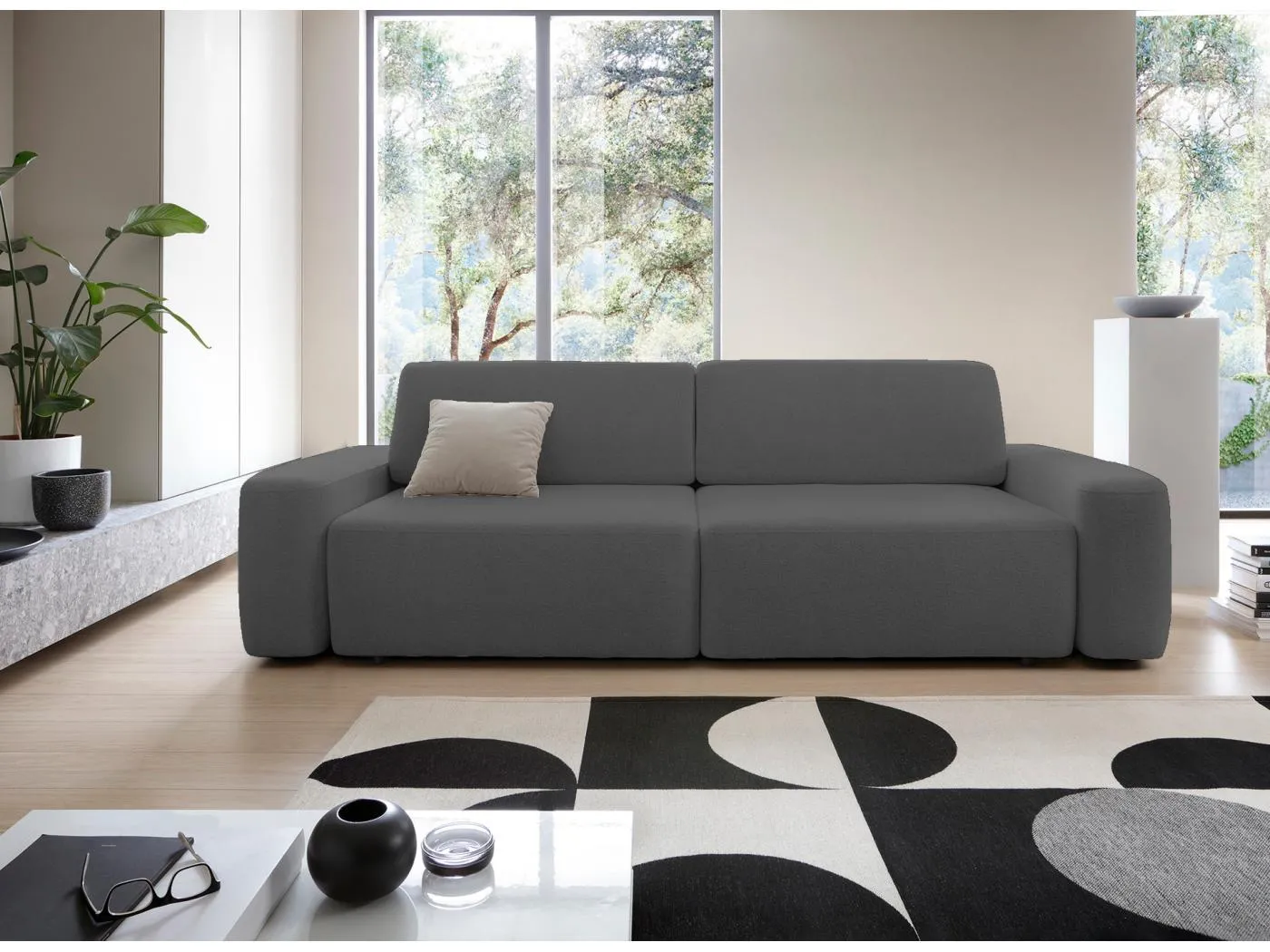 4-Sitzer-Sofa, freistehend, Bettzeugcontainer, Polsterung aus PUR-Schaum, Stoff Raven, Schlaffunktion: 120x200cm, Größe: 257x82x105cm, Grau