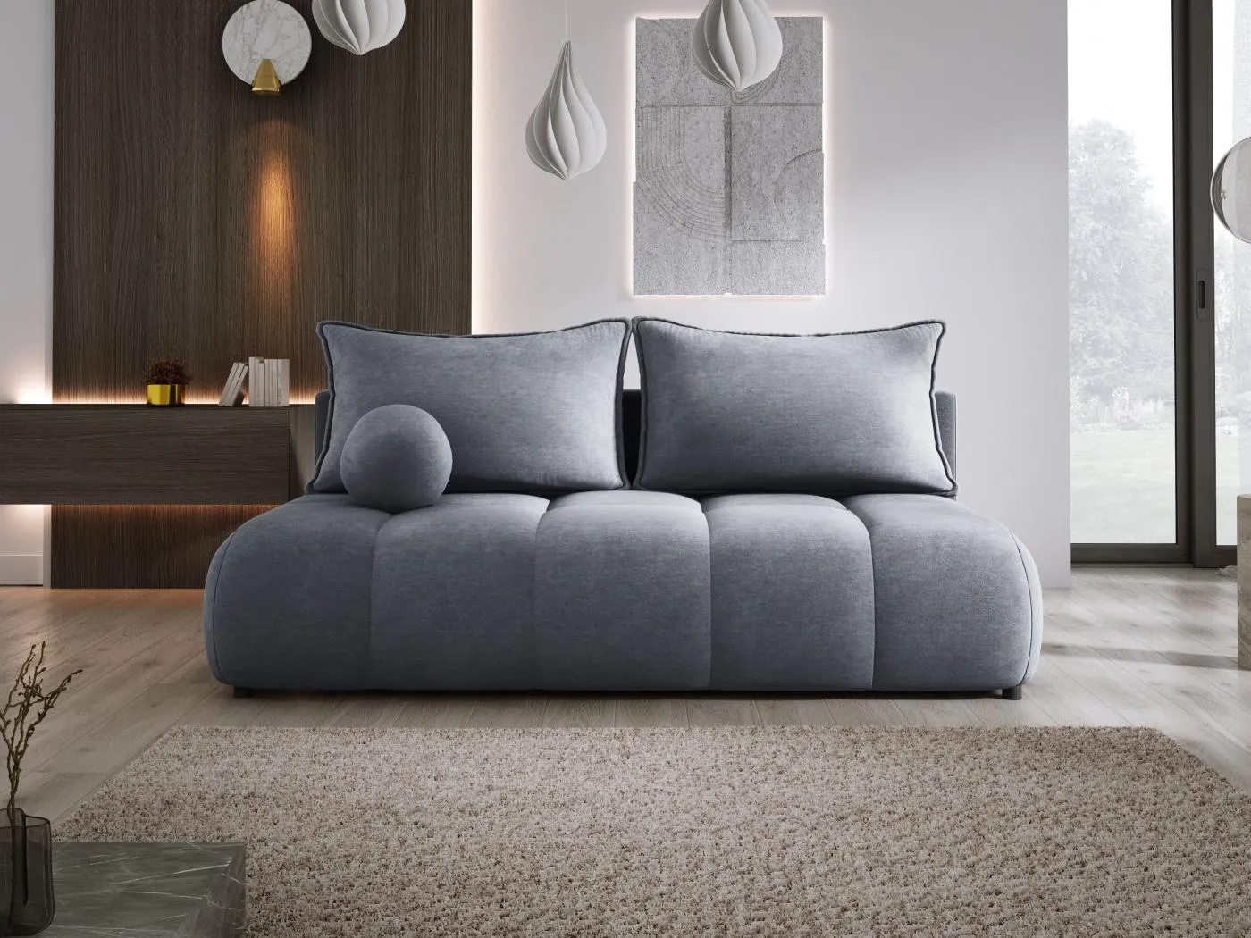 Sofa COCO MINI Schlafsofa mit Bettfunktion, CLOUD Stoff, 2-Sitzer, freistehend, 205x105x97cm, Farbe: Dunkelgrau