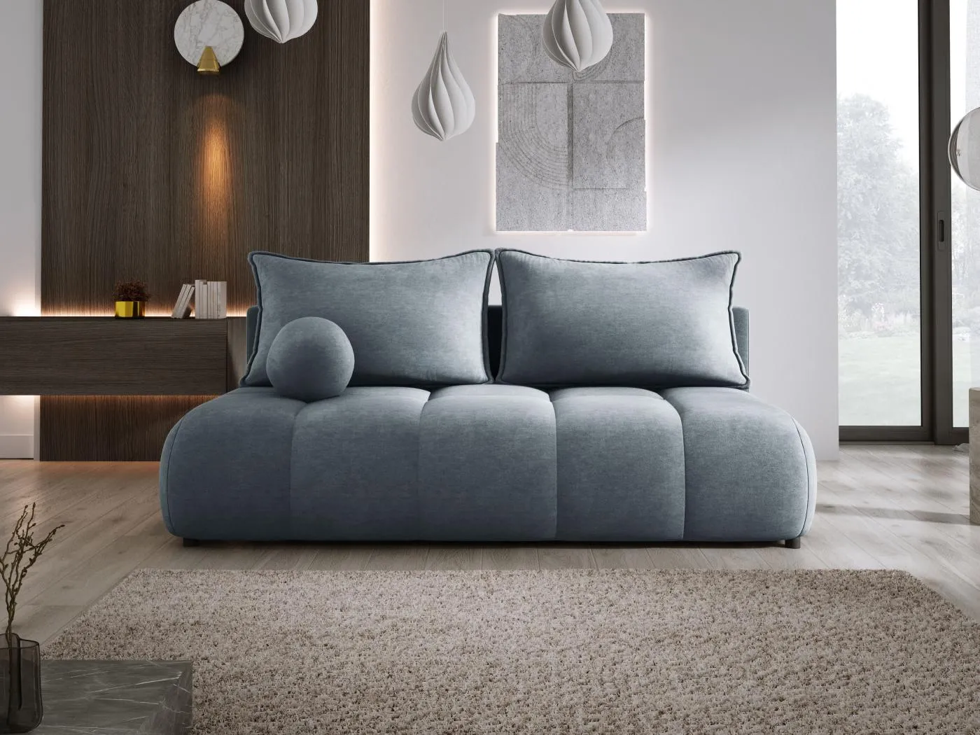 Sofa COCO MINI Schlafsofa mit Bettfunktion, CLOUD Stoff, 2-Sitzer, freistehend, 205x105x97cm, Farbe: Grau