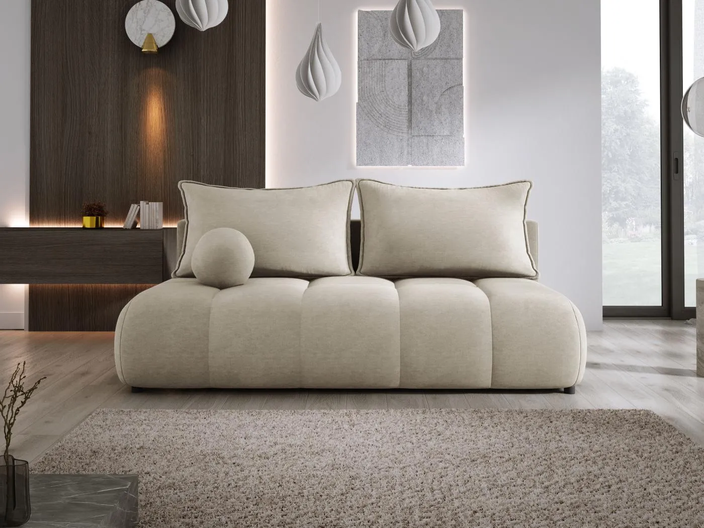 Sofa COCO MINI Schlafsofa mit Bettfunktion, CLOUD Stoff, 2-Sitzer, freistehend, 205x105x97cm, Farbe: Beige