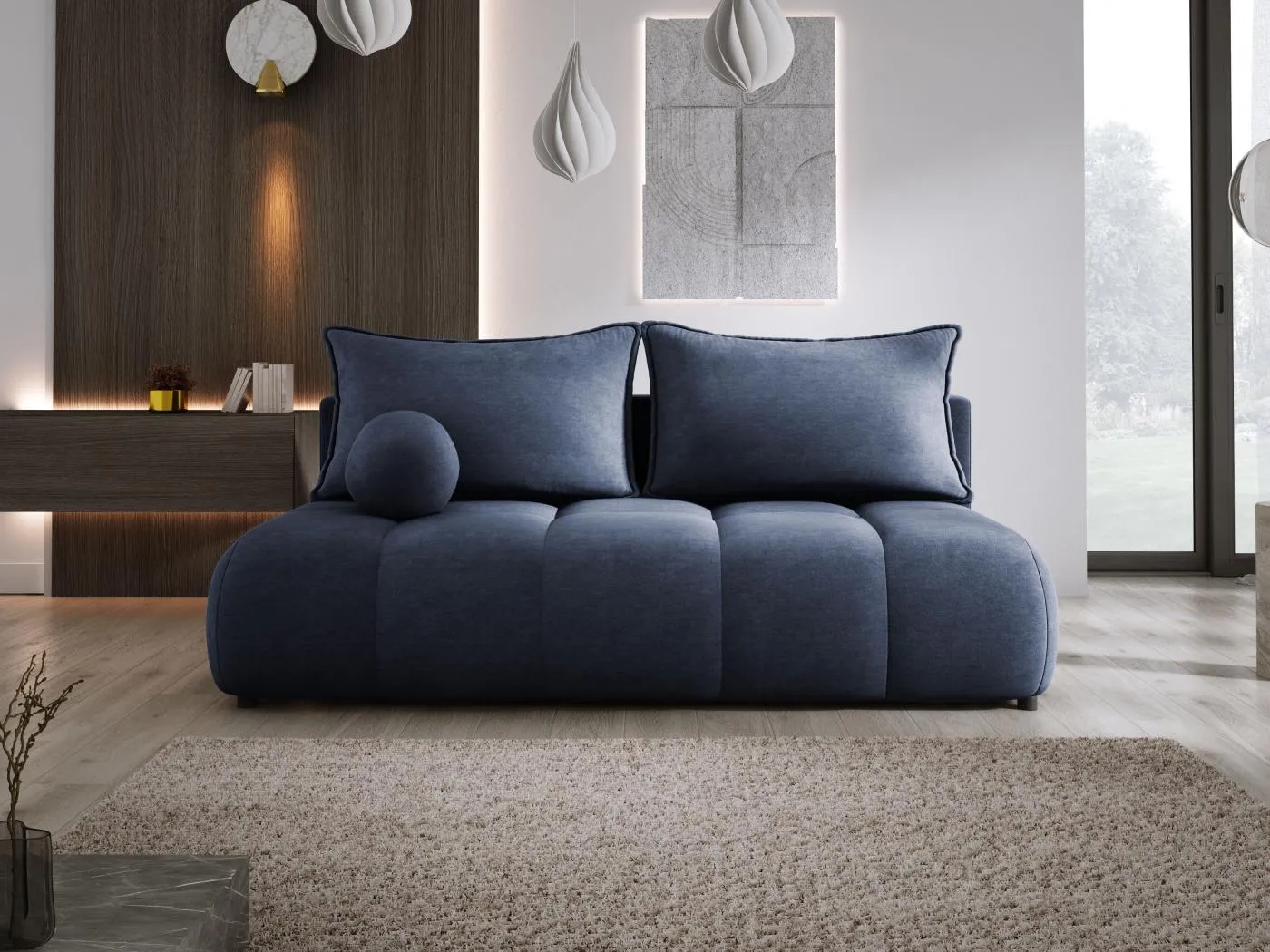 Sofa COCO MINI Schlafsofa mit Bettfunktion, CLOUD Stoff, 2-Sitzer, freistehend, 205x105x97cm, Farbe: Dunkelblau