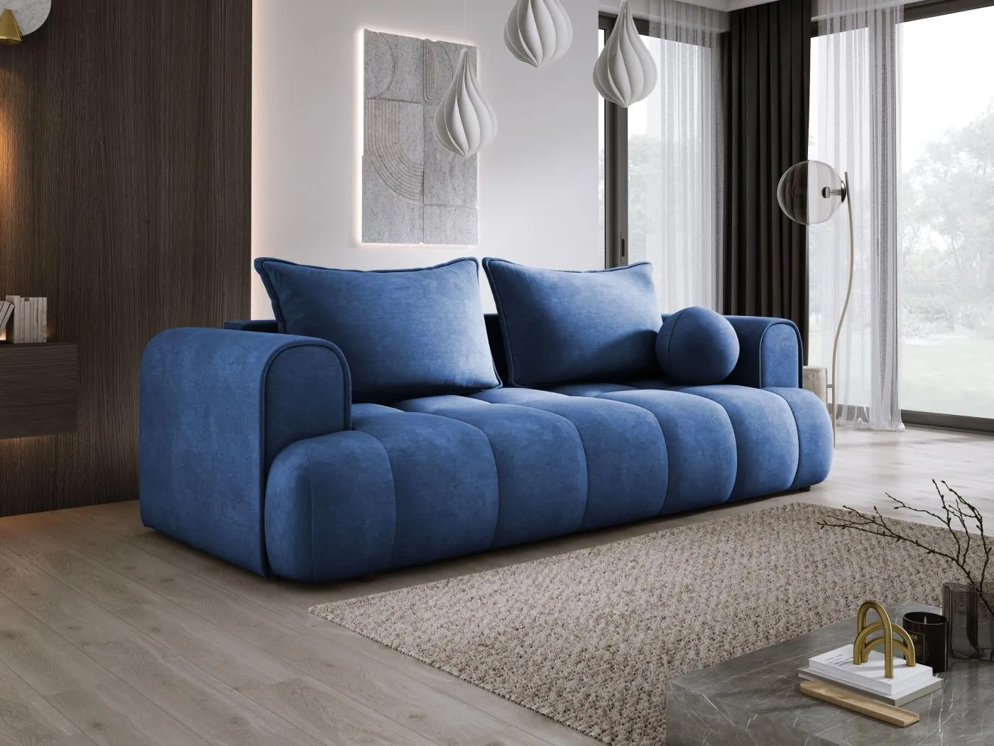 Sofa COCO Schlafsofa mit Bettfunktion, CLOUD Stoff, 2-Sitzer, freistehend, 250x105x90cm, Farbe: Blau