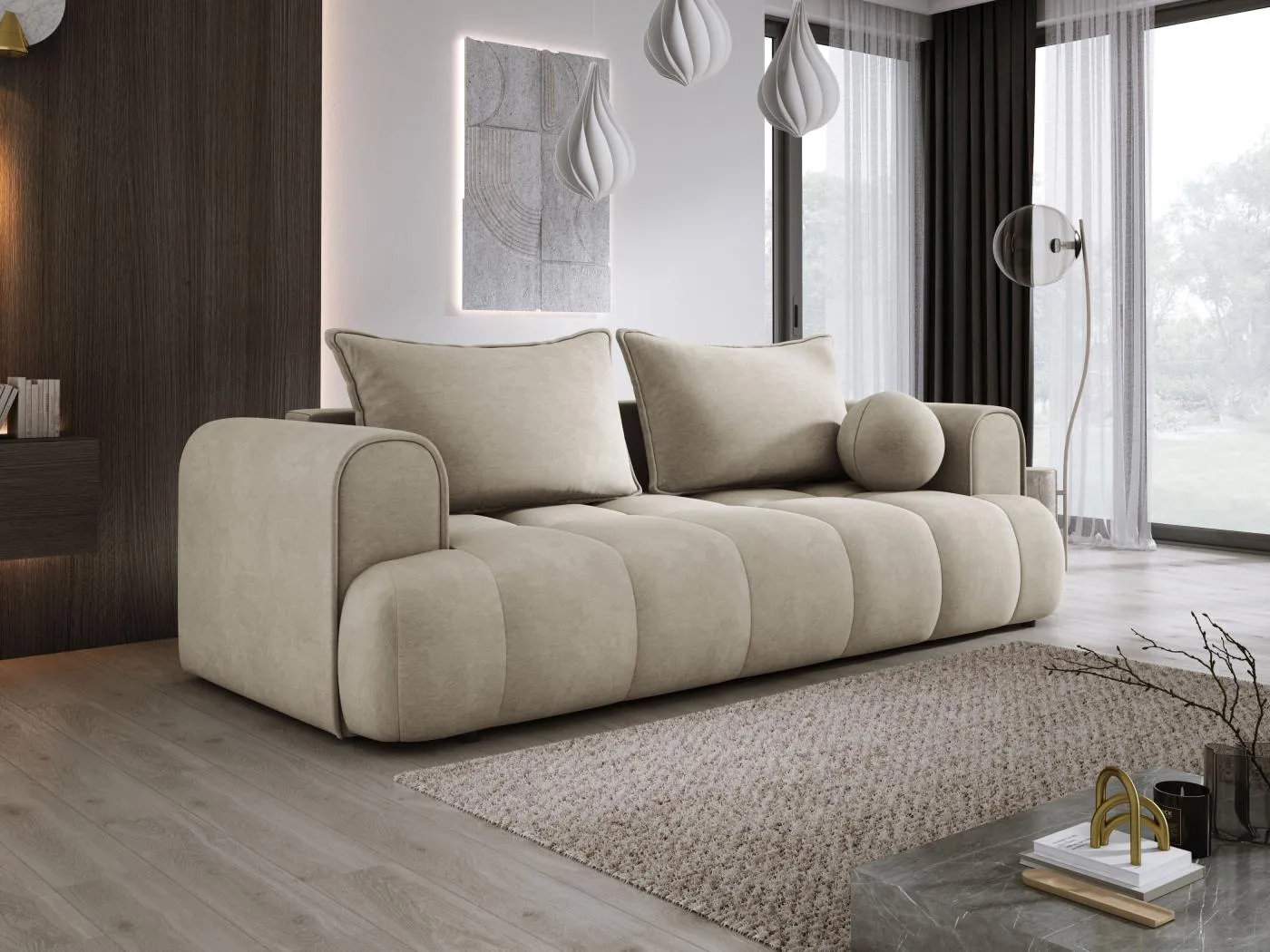 Sofa COCO Schlafsofa mit Bettfunktion, CLOUD Stoff, 2-Sitzer, freistehend, 250x105x90cm, Farbe: Beige