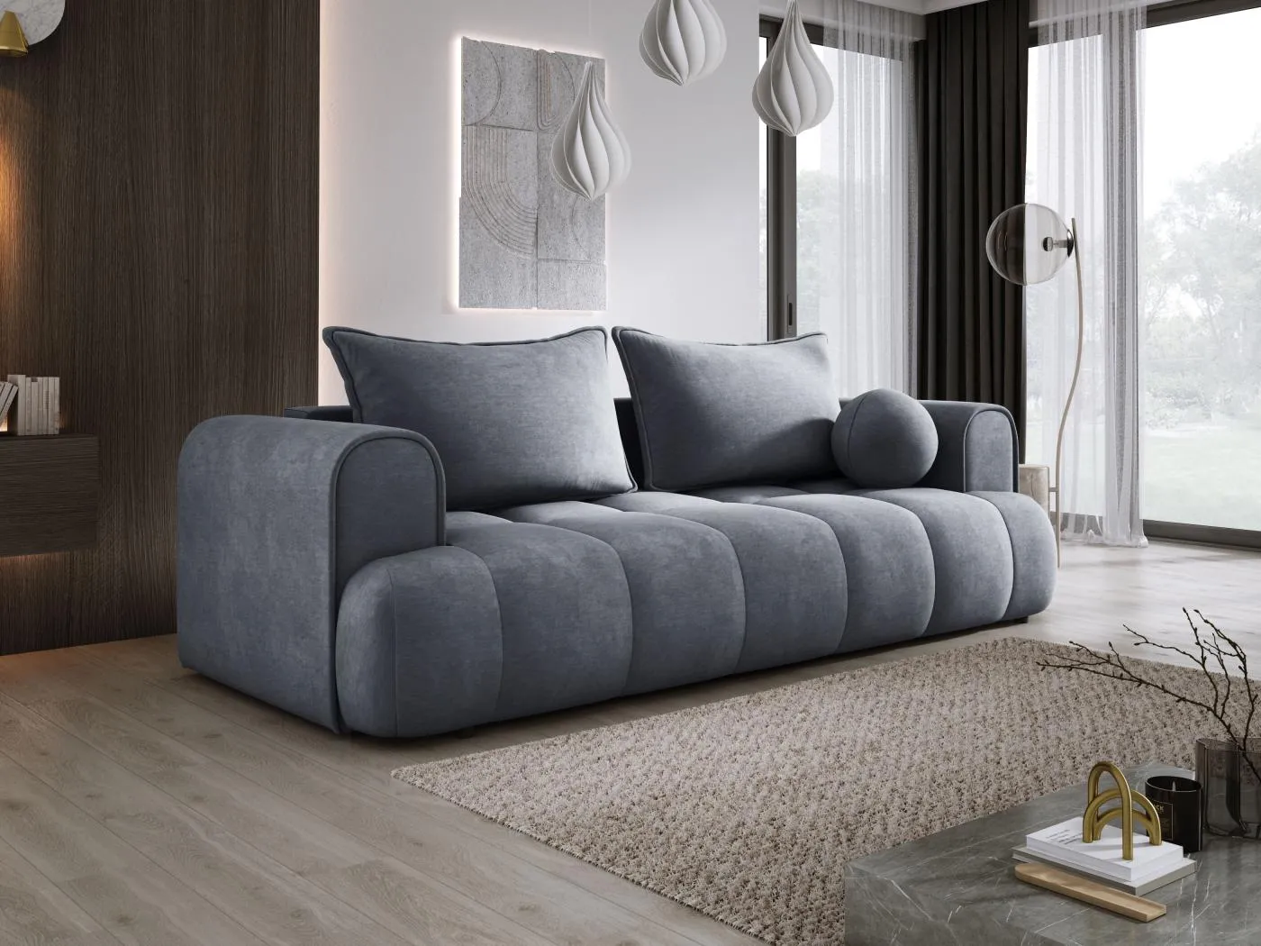 Sofa COCO Schlafsofa mit Bettfunktion, CLOUD Stoff, 2-Sitzer, freistehend, 250x105x90cm, Farbe: Dunkelgrau