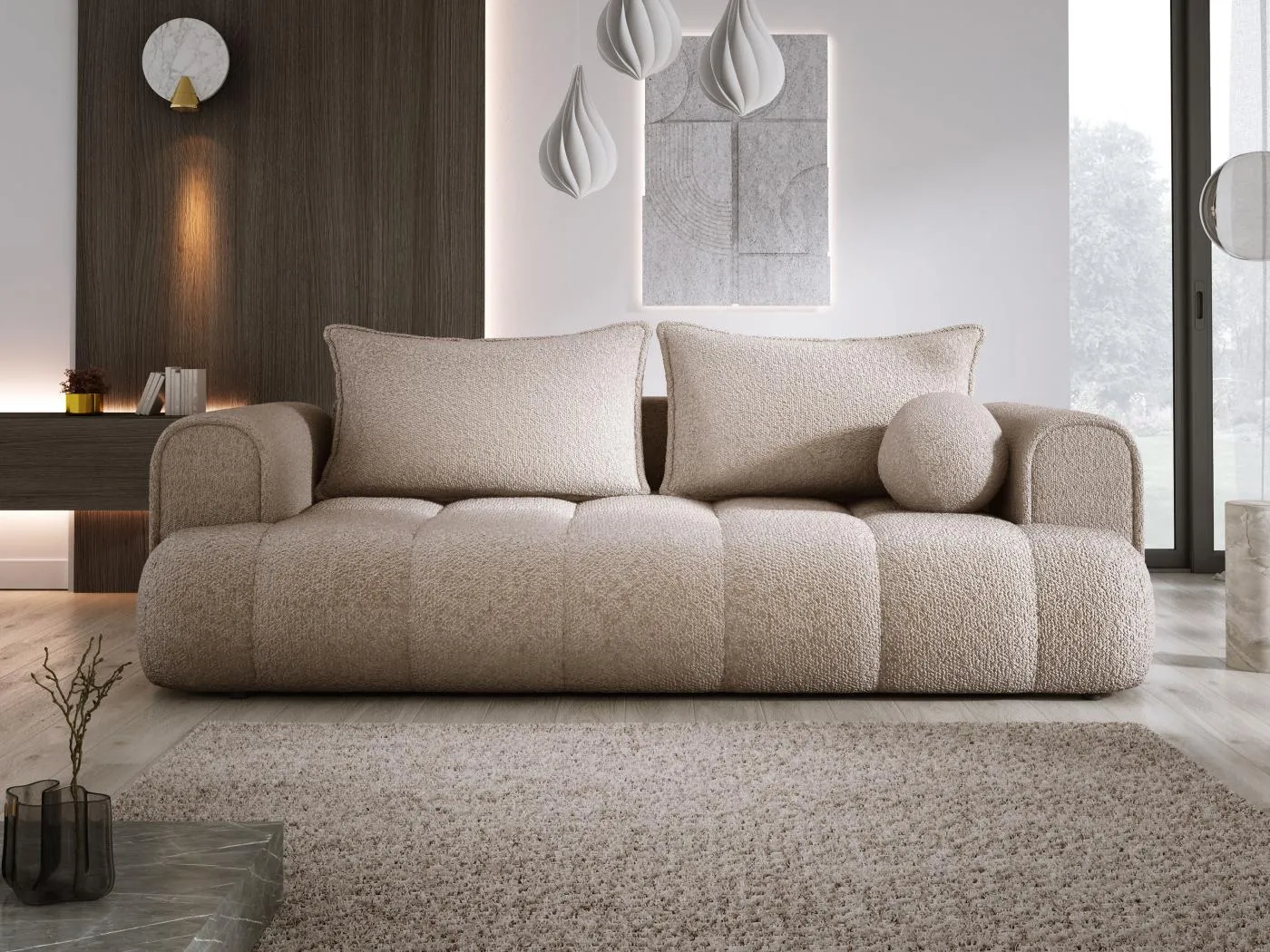 Sofa COCO Schlafsofa Mit Bettfunktion, Anthology Stoffbezug, 2-Sitzer, Freistehend, Größe: 250x105x90cm Farbe: Beige