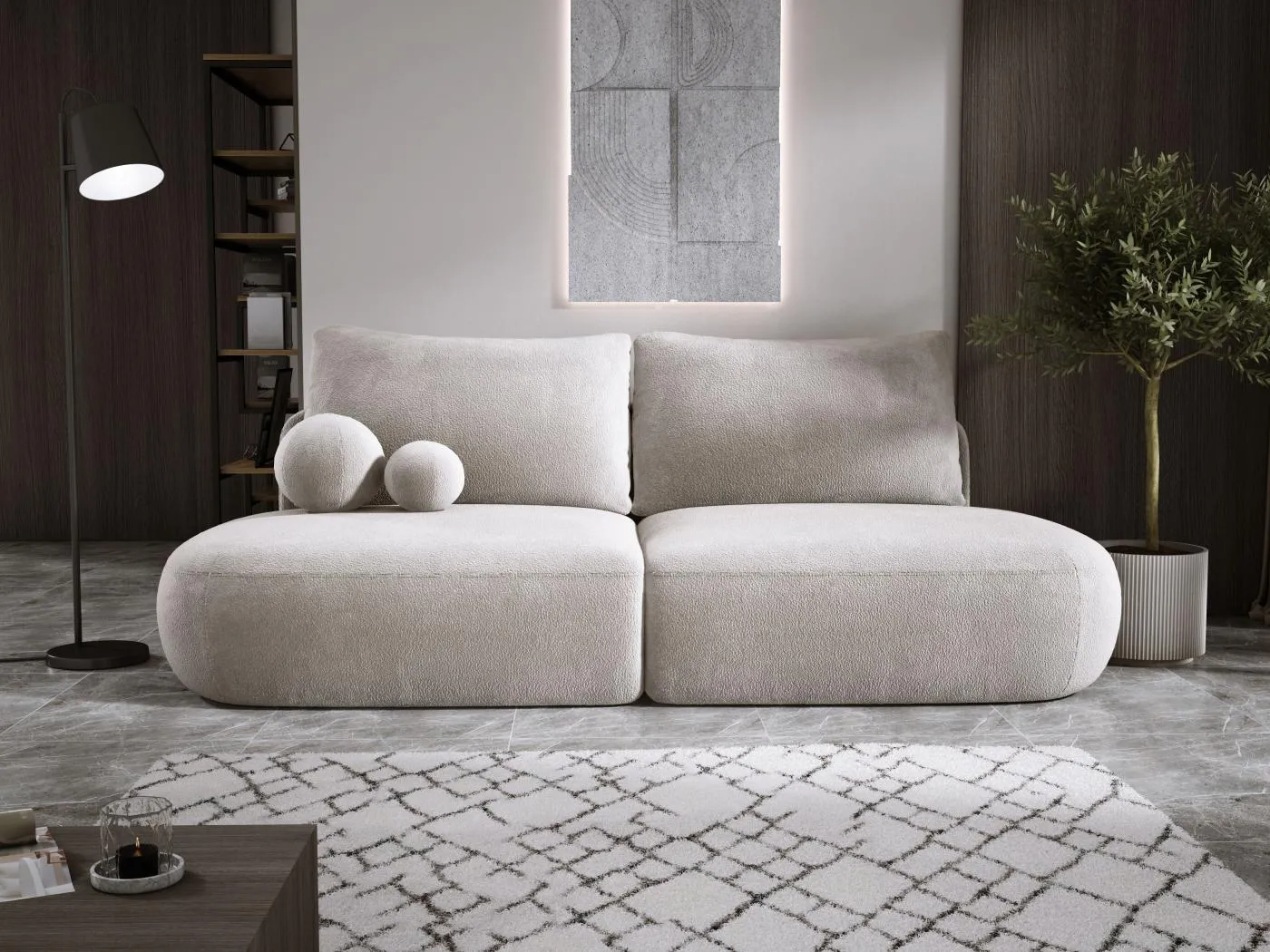 Schlafsofa Moderne  BABU mit Schlaffunktion – 3-Sitzer Sofa mit Bettkasten, DL-Automat, 2 Rückenkissen, 2 Zierkissen, 240x90x90 cm Hellgrau