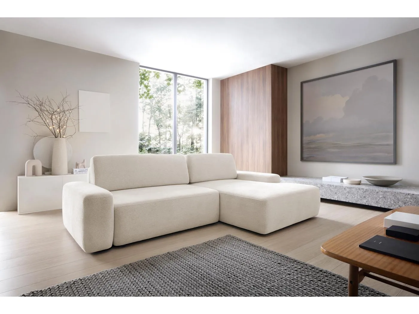 BOULI 4-Sitzer Polstersofa Raven mit Schlaffunktion 130x210cm Bettzeugablage 264x162x82cm rechte Seite Farbe: sand