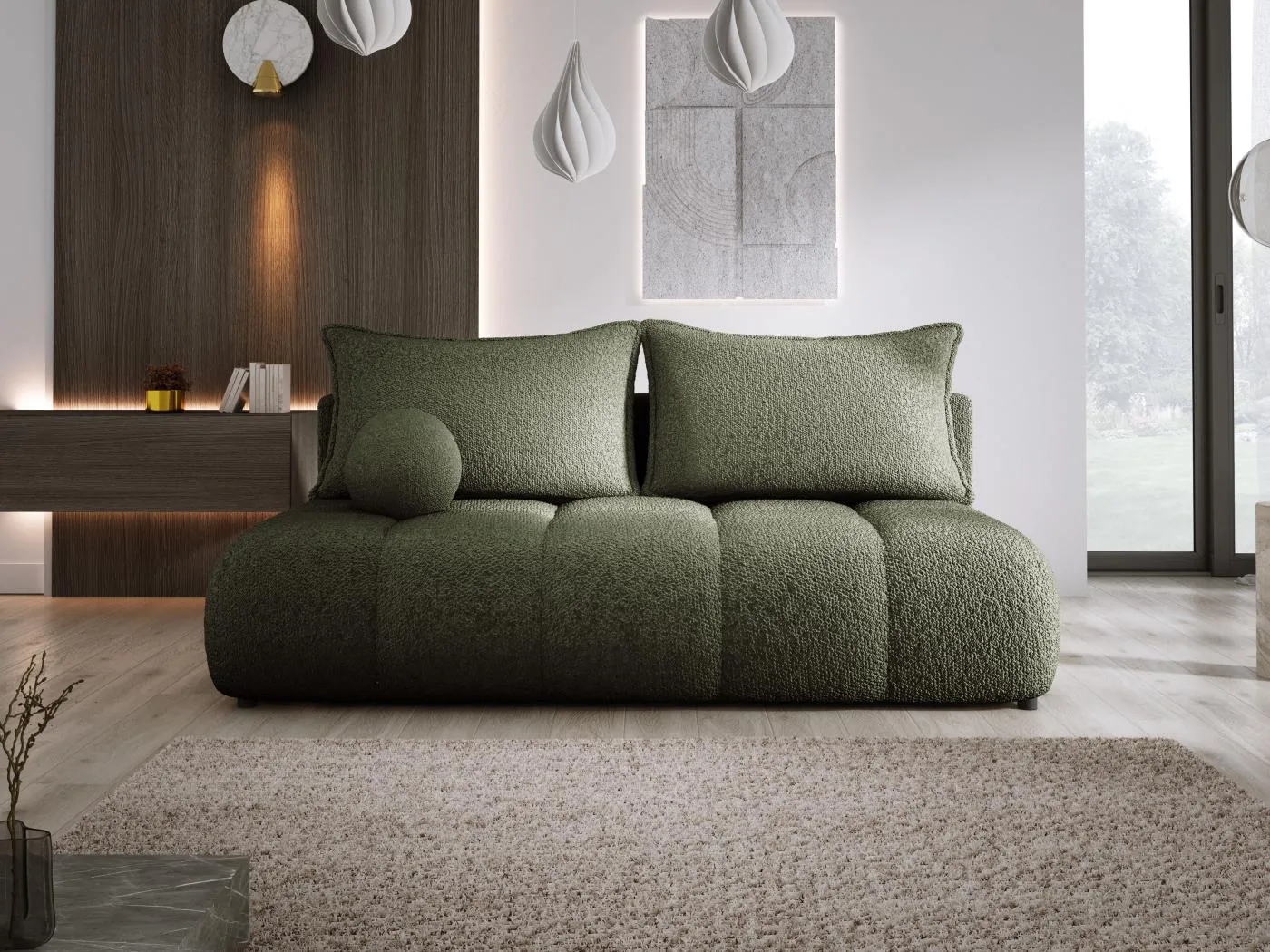 Sofa COCO MINI Schlafsofa Mit Bettfunktion, Anthology Stoffbezug, 2-Sitzer, Freistehend, Größe: 205x105x97cm Farbe: Grün