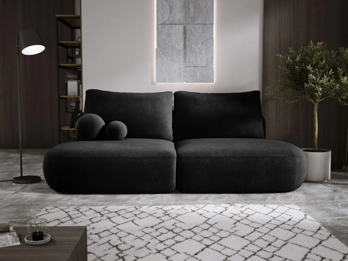 Schlafsofa Moderne  BABU mit Schlaffunktion – 3-Sitzer Sofa mit Bettkasten, DL-Automat, 2 Rückenkissen, 2 Zierkissen, 240x90x90 cm Schwarz