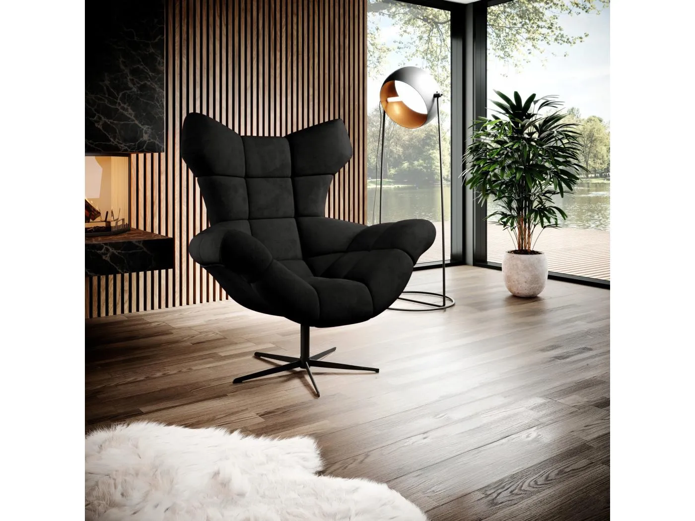 SENSI Sessel Relaxstuhl mit 360° Drehung und Schwingfunktion – Lux-Schaumkissen, Schwarz, 104x46x119 cm