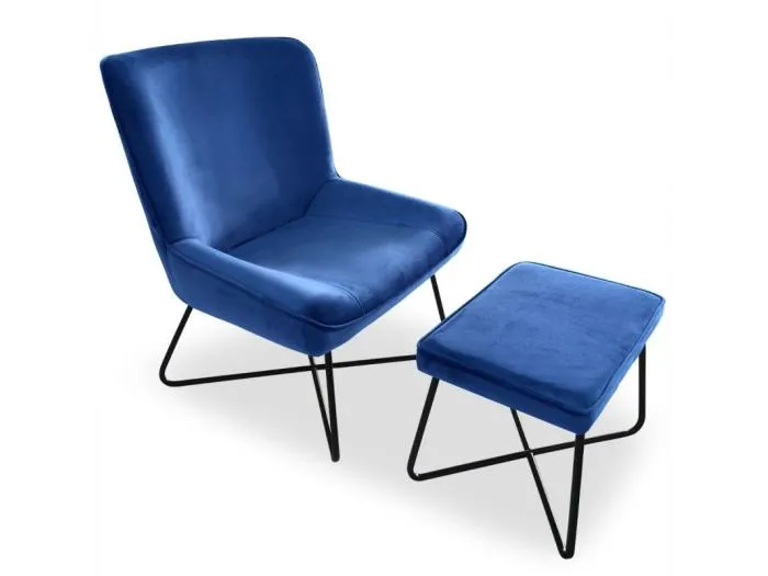 Fauteuil + pouf Georgie Velours Bleu