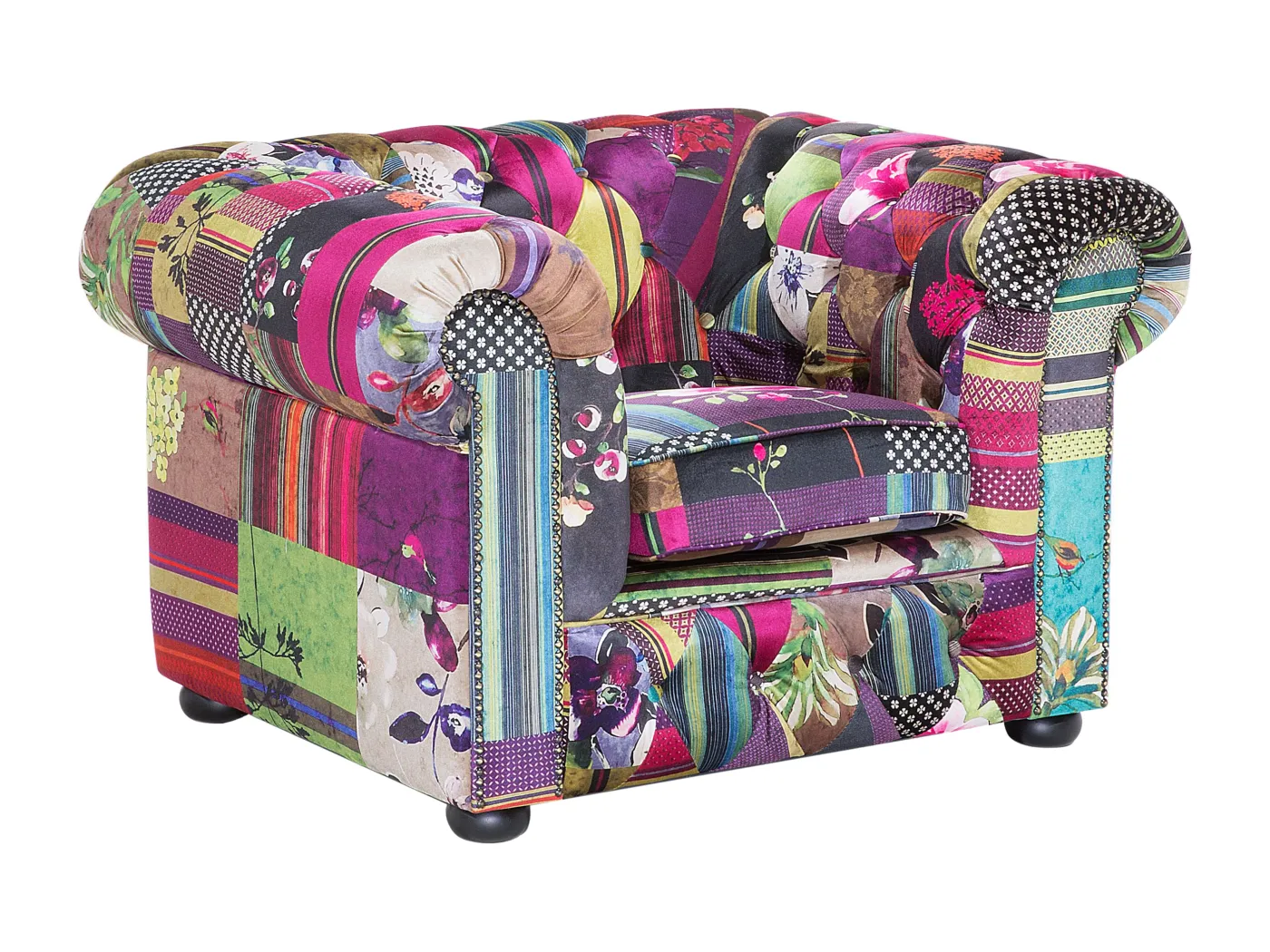 Stilvoller Sessel Polsterbezug Patchwork Motiv bunt Chesterfield