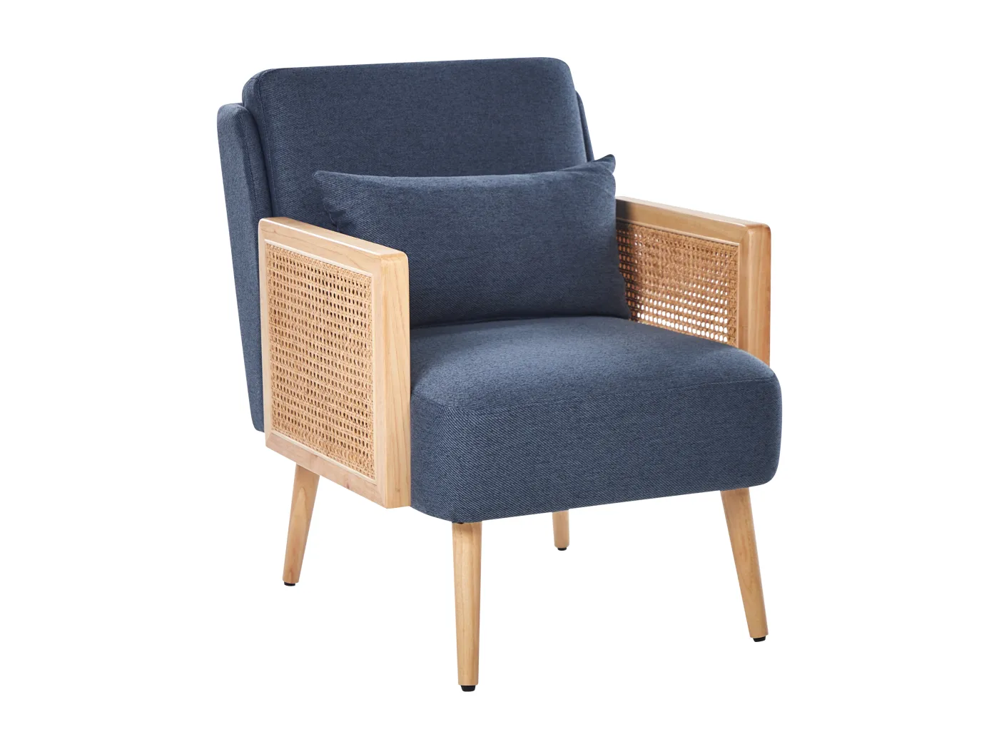 Sessel Stoff blau Wiener-Geflecht Rattan mit hellen Holzbeinen Kissen Orum