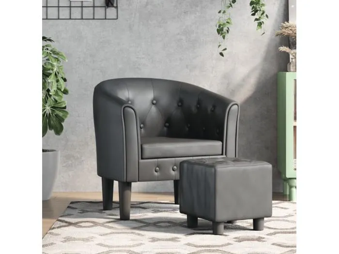 Clubsessel mit Fußhocker Grau Kunstleder