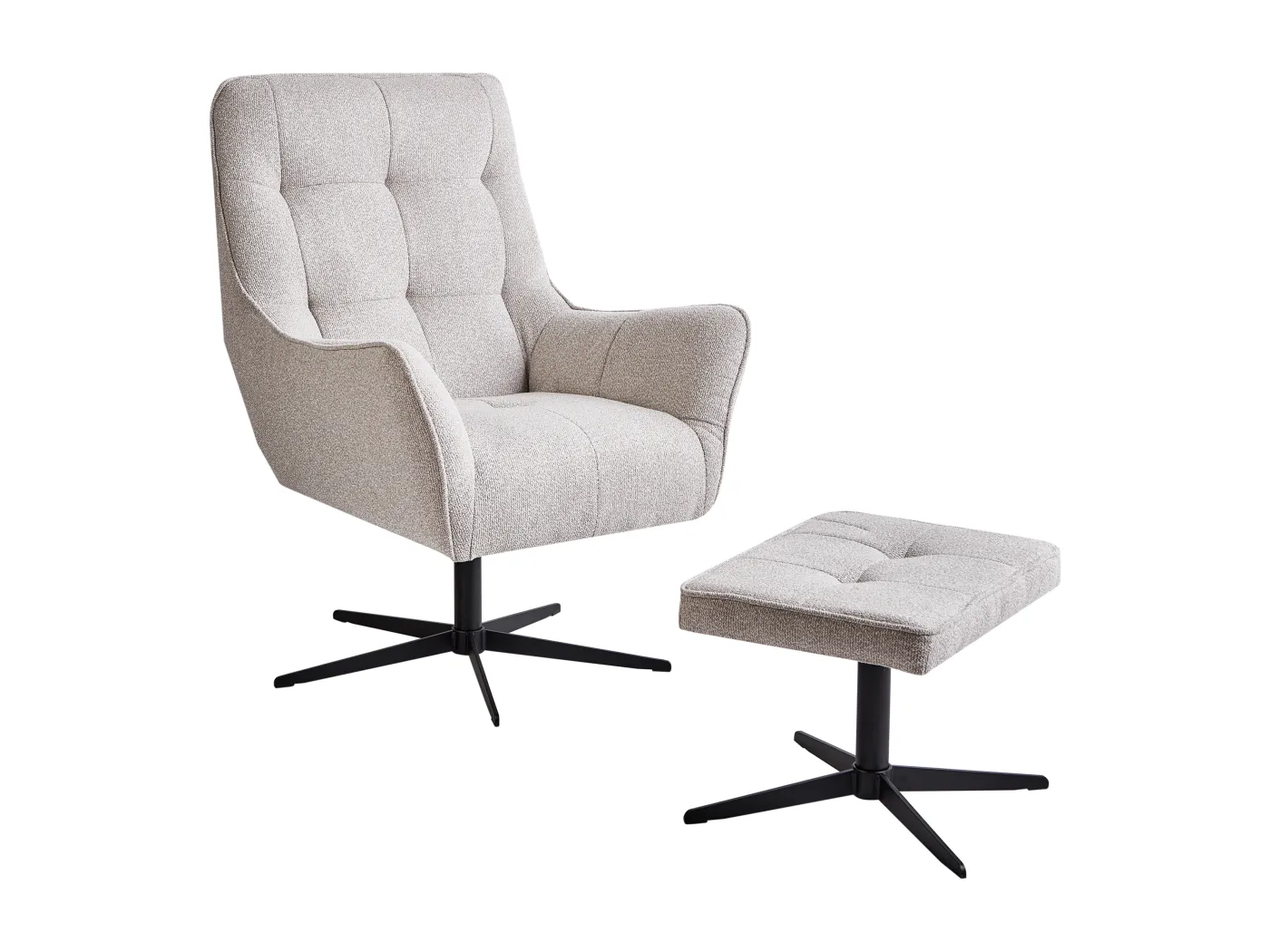 Sessel mit Hocker Stoff hellbeige gesteppt mit schwarzem Metallgestell Molle II