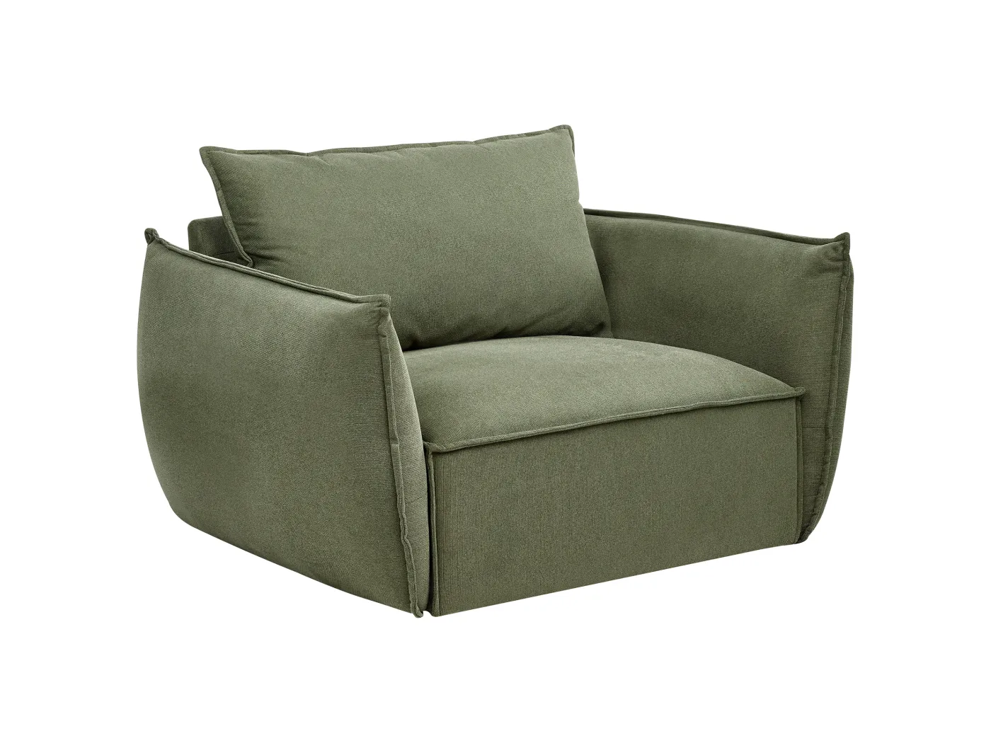 Sessel Stoff grün mit tiefem und breitem Sitz Kissen gepolstert gemütlich Kunes