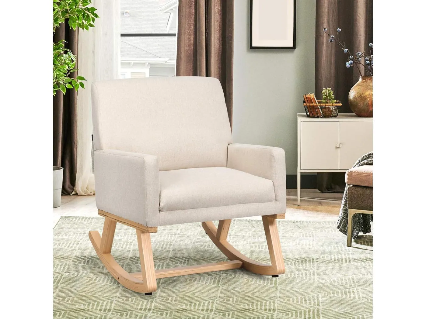 Gepolsterter Schaukelsessel aus Massivholz Schaukelstuhl Schwingsessel Relaxstuhl Beige