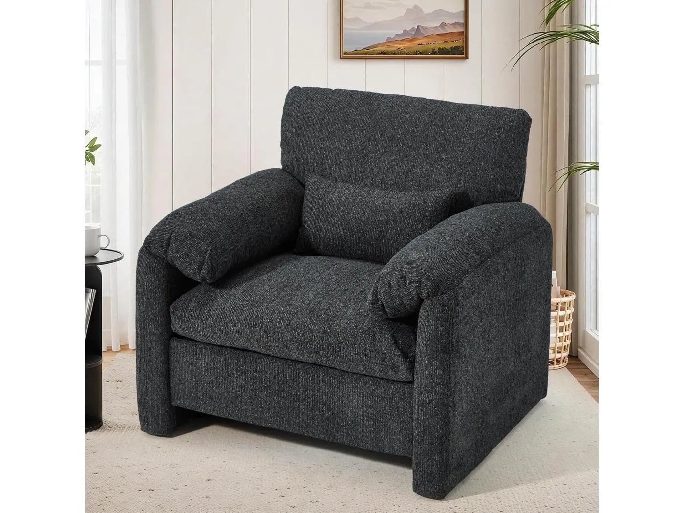 YODOLLA XXL Ohrensessel mit Armlehnen aus Chenille, moderner Relaxsessel für Wohnzimmer & Schlafzimmer, Schwarz