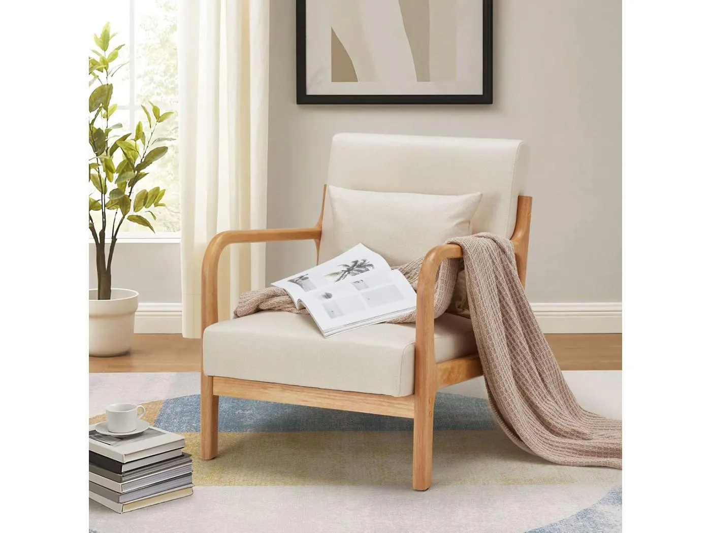 YODOLLA Loungesessel modern mit Holzarmlehne, Akzent-/Cocktailsessel für Wohnzimmer, Beige, 75x70x65 cm (BxHxT)