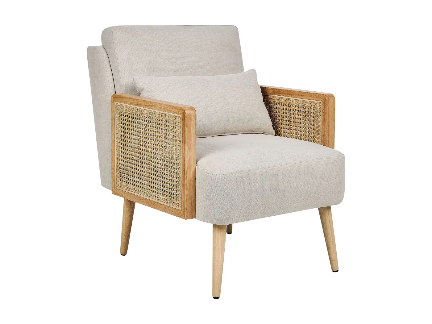 Sessel Stoff beige Wiener-Geflecht Rattan mit hellen Holzbeinen Kissen Orum
