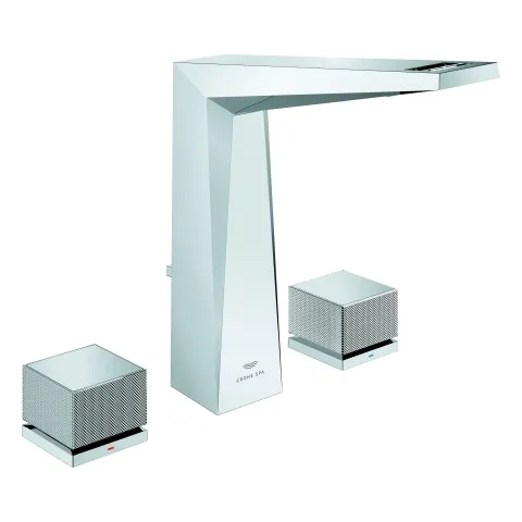 3-Loch-Waschtischbatterie Allure Brilliant Private Collection 20670, mit Knopfbetätigung (Kubus) Rändelstruktur, Zugstangen-Ablaufgarnitur 1 1/4", chrom