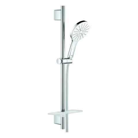 Brausestangenset Rainshower SmartActive 130 26576, 3 Strahlarten, Brauseboden moon white, Brausestange 600 mm, Brauseschlauch Silverflex 1.750 mm, Ablage, moon white/chrom