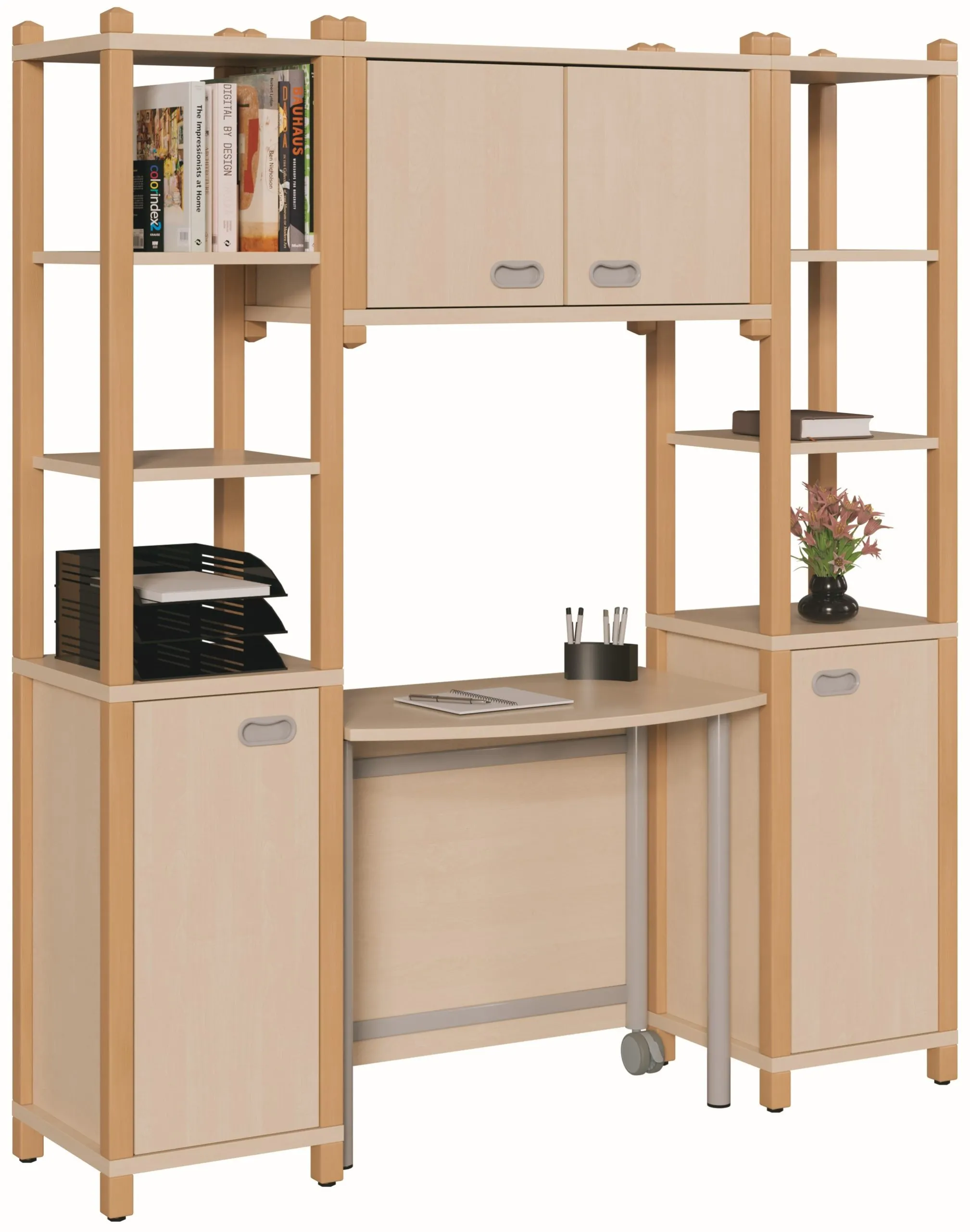 ErzieherInnen-Arbeitsplatz mit farbigen Massivholzstollen