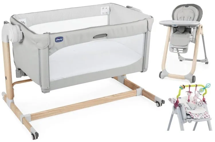 Chicco Next2Me Magic + Polly Progres5 Fütterungsstuhl + Spielzeuggurt und Reduzierstück