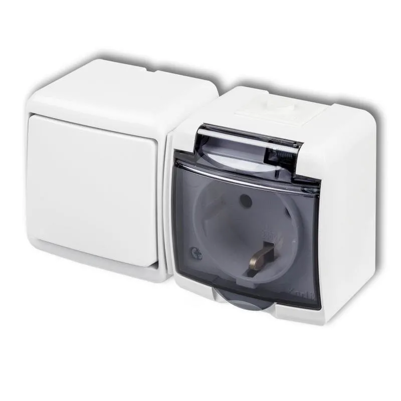 KARLIK | JUNIOR IP54 SERIE Horizontal MIX Ein/Aus- Schalter + Steckdose 2P+Z (Rauchklappe)