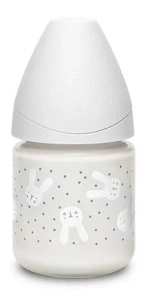 Suavinex Glasflasche 120ml Runde Silikon Low Flow Nippel Kaninchen Grau Hygge Baby
