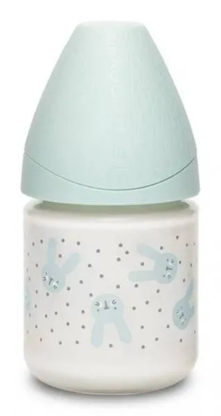 Suavinex Glasflasche 120ml Runde Silikon Low Flow Nippel Kaninchen Minze Hygge Baby