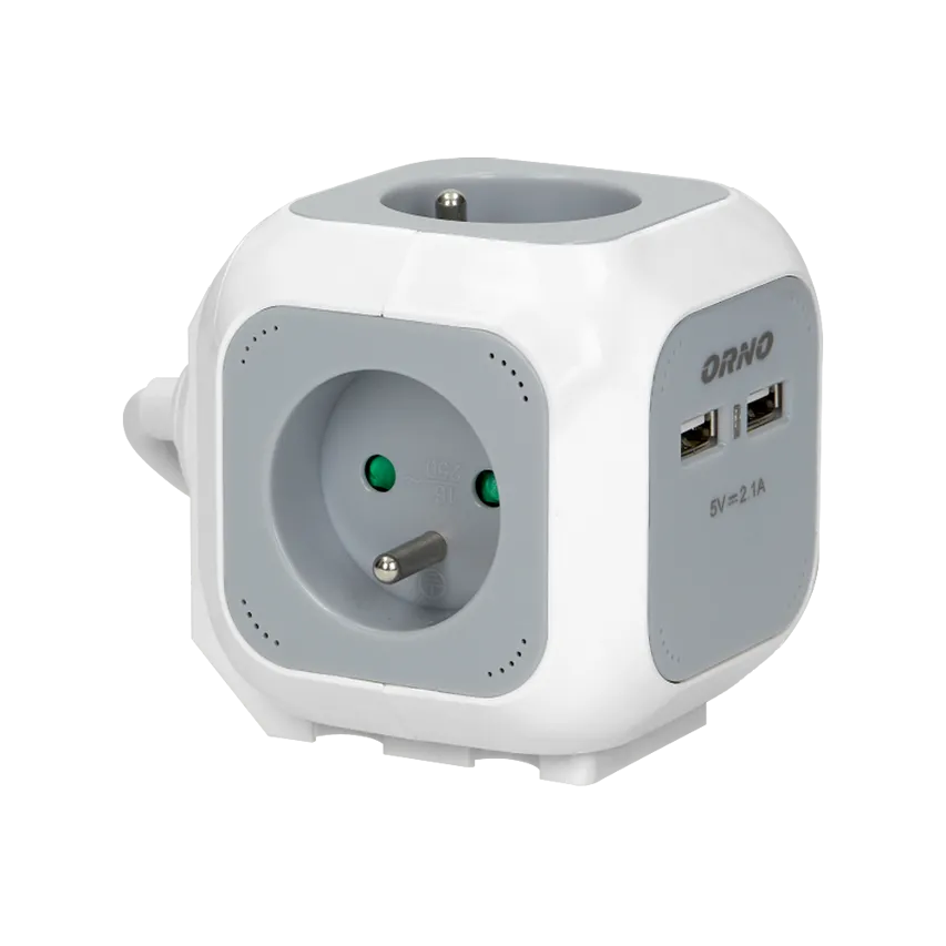 Verlängerungskabel 4fach 2P+Z mit Ladegerät 2xUSB, 1,4m H05VV-F 3x1mm2, grau-weiß Orno OR-AE-13144