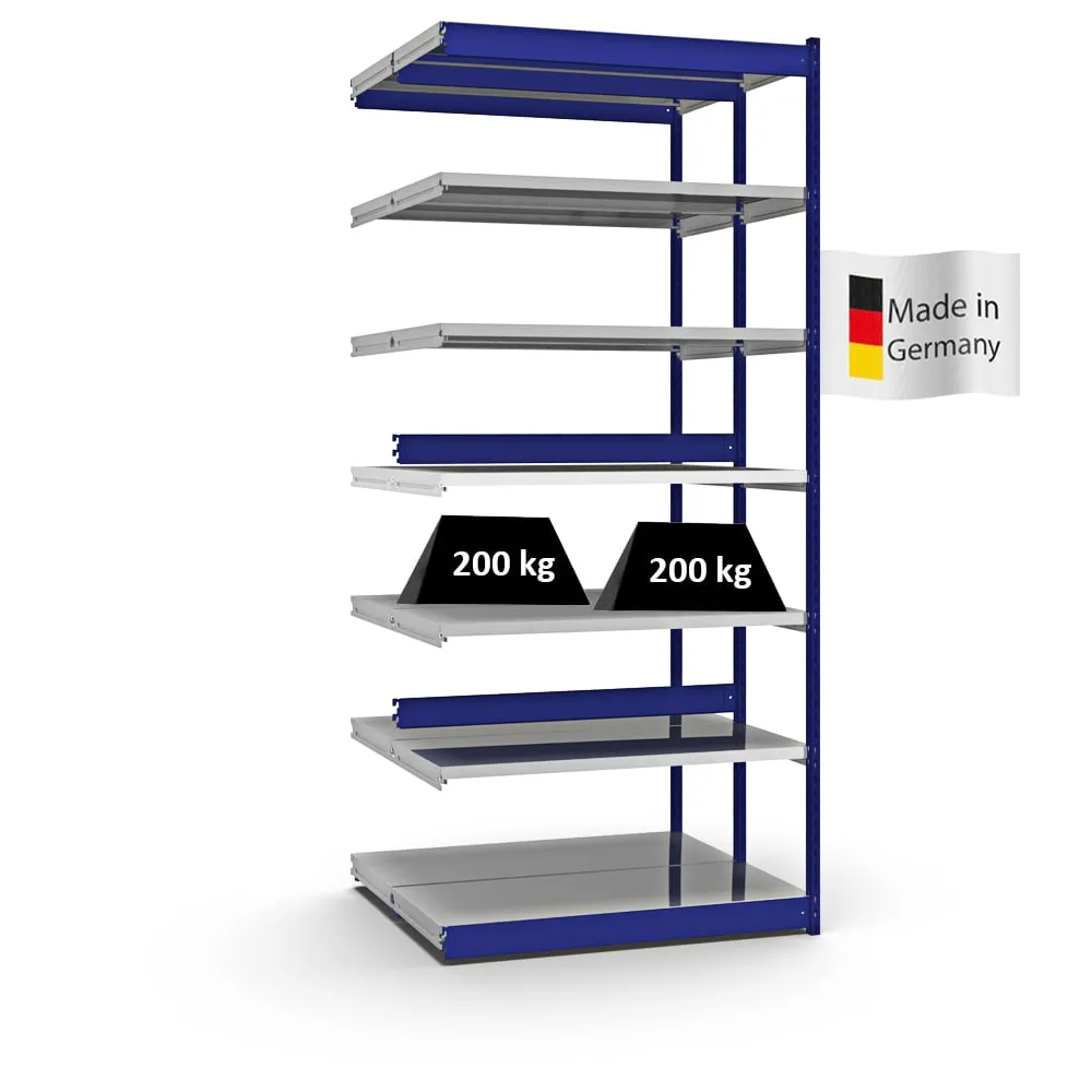 Fachbodenregal Stecksystem Vierkant-Profil | Anbauregal | HxBxT 300x132,5x50cm | 2x7 Ebenen | Doppelseitige Bauart | Fachlast 200kg | Enzianblau/Verzinkt