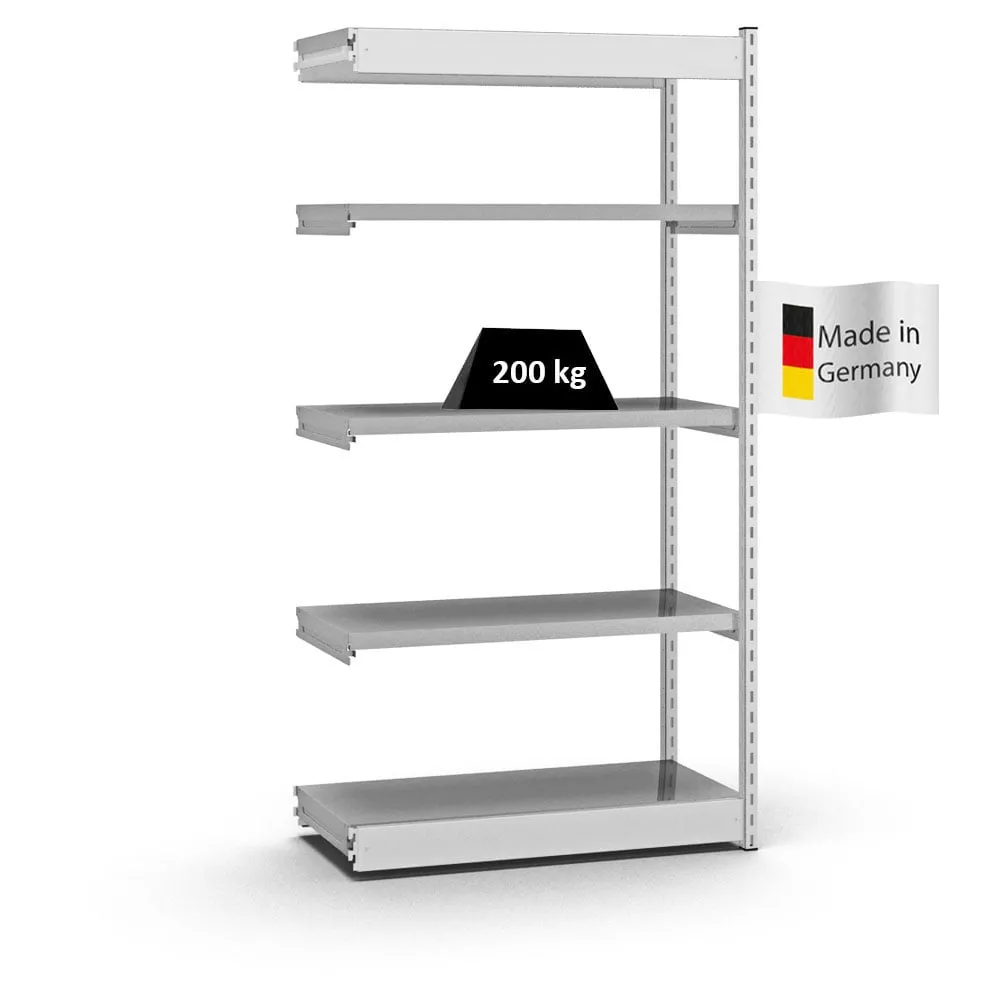Fachbodenregal Stecksystem Vierkant-Profil | Anbauregal | HxBxT 200x102,5x40cm | 5 Ebenen | Einseitige Bauart | Fachlast 200kg | Lichtgrau/Verzinkt