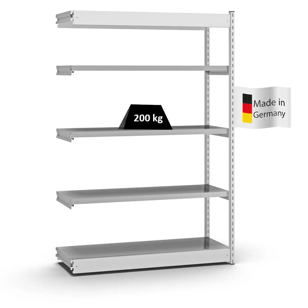 Fachbodenregal Stecksystem Vierkant-Profil | Anbauregal | HxBxT 200x132,5x40cm | 5 Ebenen | Einseitige Bauart | Fachlast 200kg | Lichtgrau/Verzinkt