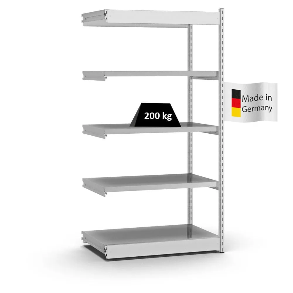 Fachbodenregal Stecksystem Vierkant-Profil | Anbauregal | HxBxT 200x102,5x50cm | 5 Ebenen | Einseitige Bauart | Fachlast 200kg | Lichtgrau/Verzinkt