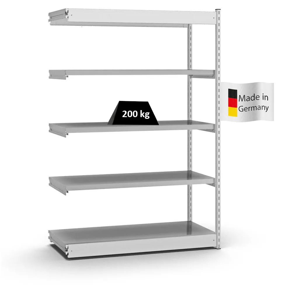 Fachbodenregal Stecksystem Vierkant-Profil | Anbauregal | HxBxT 200x132,5x50cm | 5 Ebenen | Einseitige Bauart | Fachlast 200kg | Lichtgrau/Verzinkt