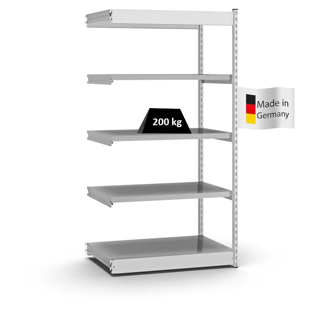 Fachbodenregal Stecksystem Vierkant-Profil | Anbauregal | HxBxT 200x102,5x60cm | 5 Ebenen | Einseitige Bauart | Fachlast 200kg | Lichtgrau/Verzinkt