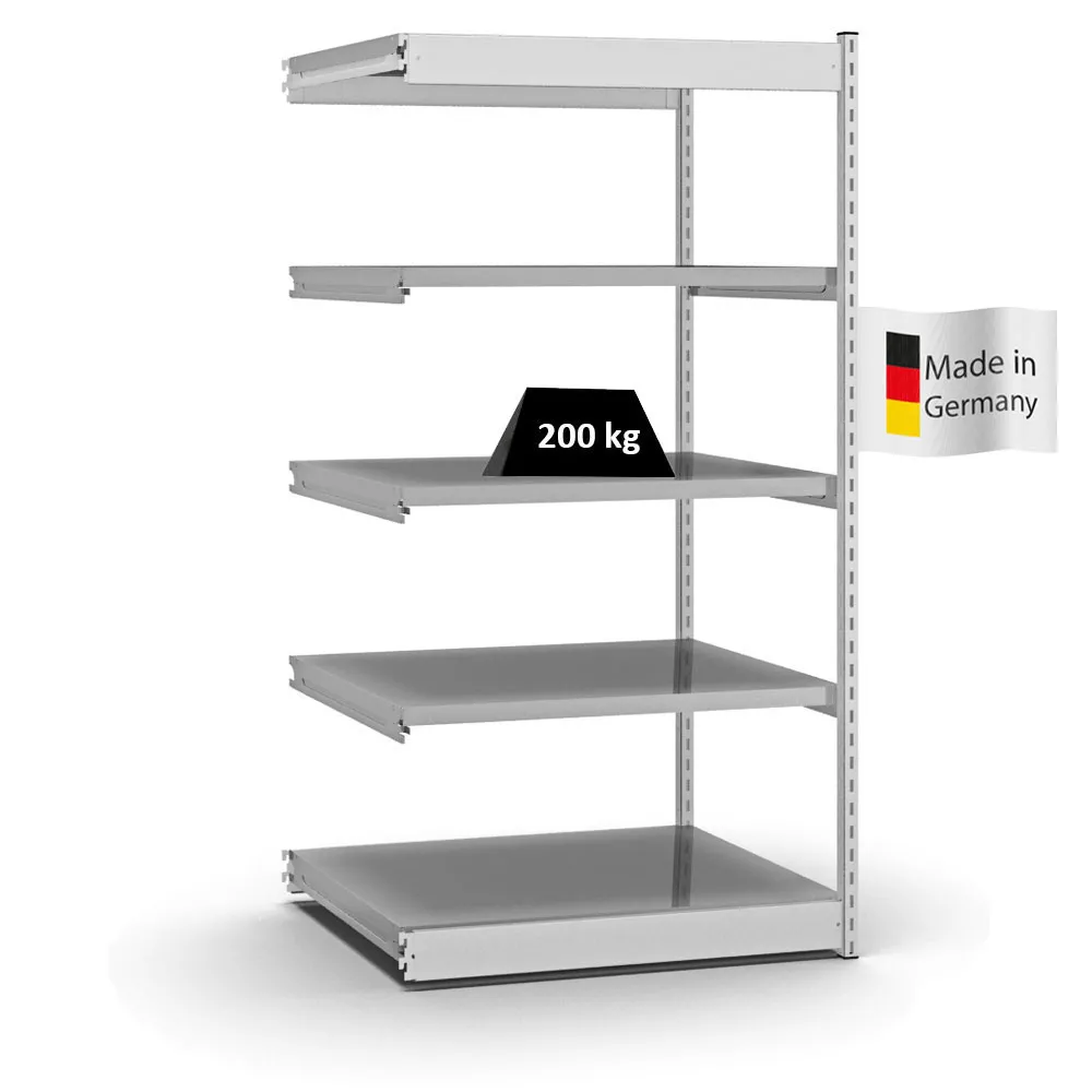 Fachbodenregal Stecksystem Vierkant-Profil | Anbauregal | HxBxT 200x102,5x80cm | 5 Ebenen | Einseitige Bauart | Fachlast 200kg | Lichtgrau/Verzinkt
