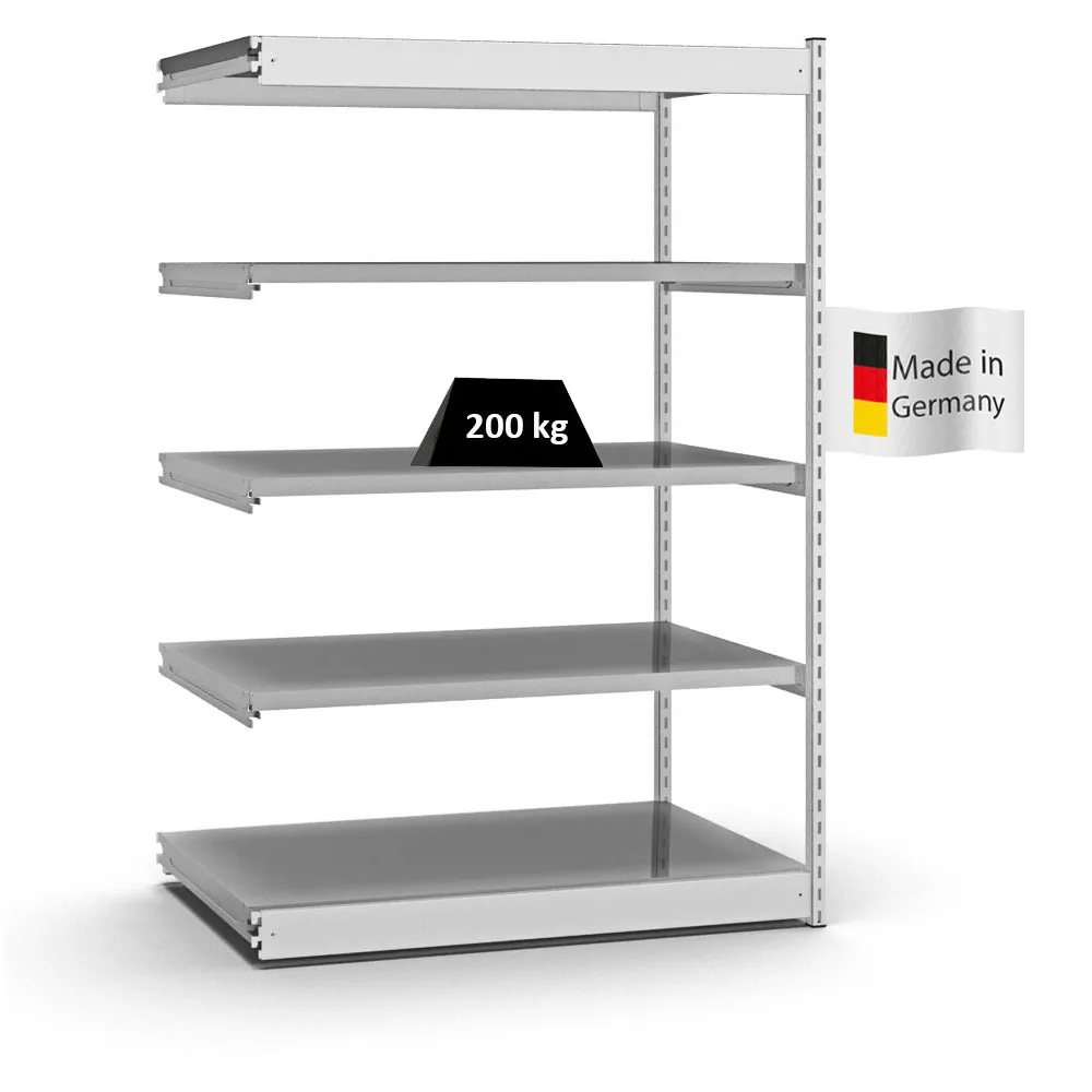 Fachbodenregal Stecksystem Vierkant-Profil | Anbauregal | HxBxT 200x132,5x80cm | 5 Ebenen | Einseitige Bauart | Fachlast 200kg | Lichtgrau/Verzinkt