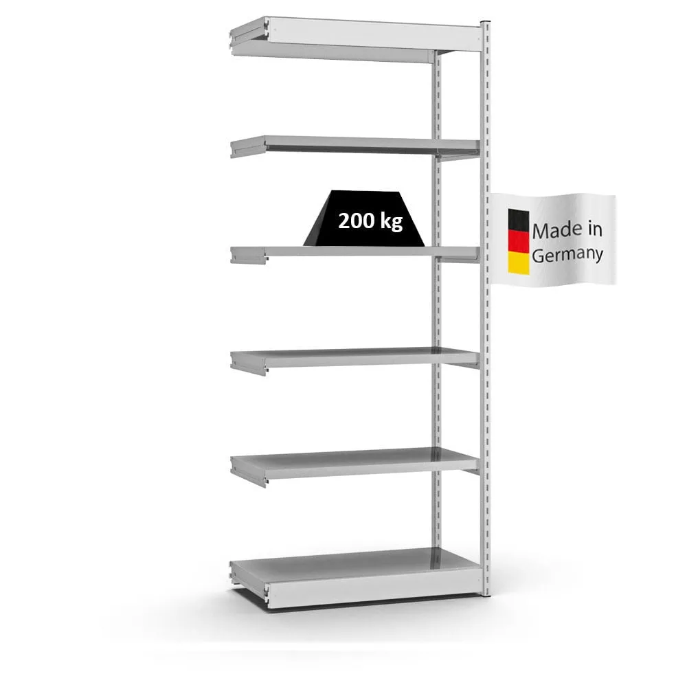 Fachbodenregal Stecksystem Vierkant-Profil | Anbauregal | HxBxT 250x102,5x40cm | 6 Ebenen | Einseitige Bauart | Fachlast 200kg | Lichtgrau/Verzinkt