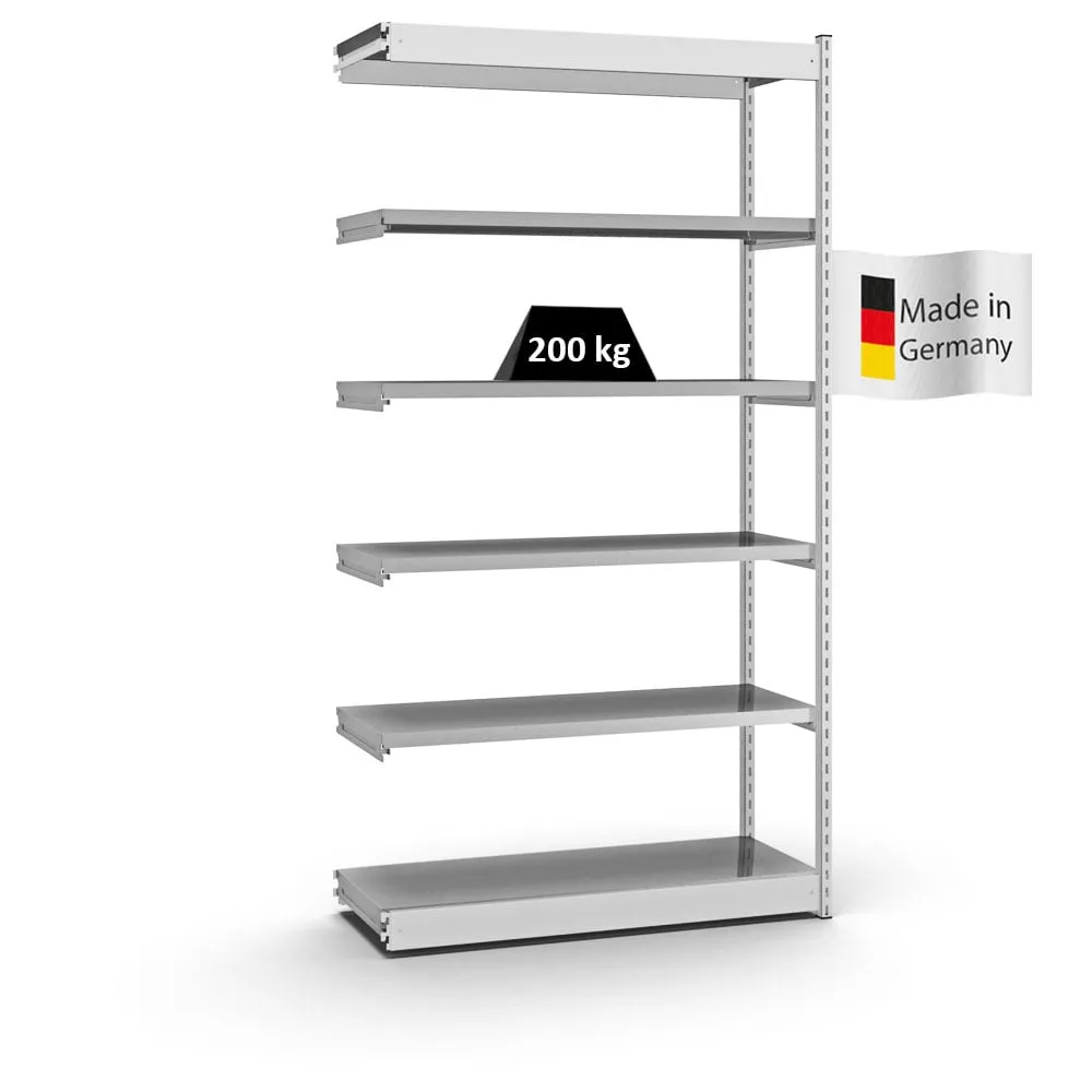 Fachbodenregal Stecksystem Vierkant-Profil | Anbauregal | HxBxT 250x132,5x40cm | 6 Ebenen | Einseitige Bauart | Fachlast 200kg | Lichtgrau/Verzinkt