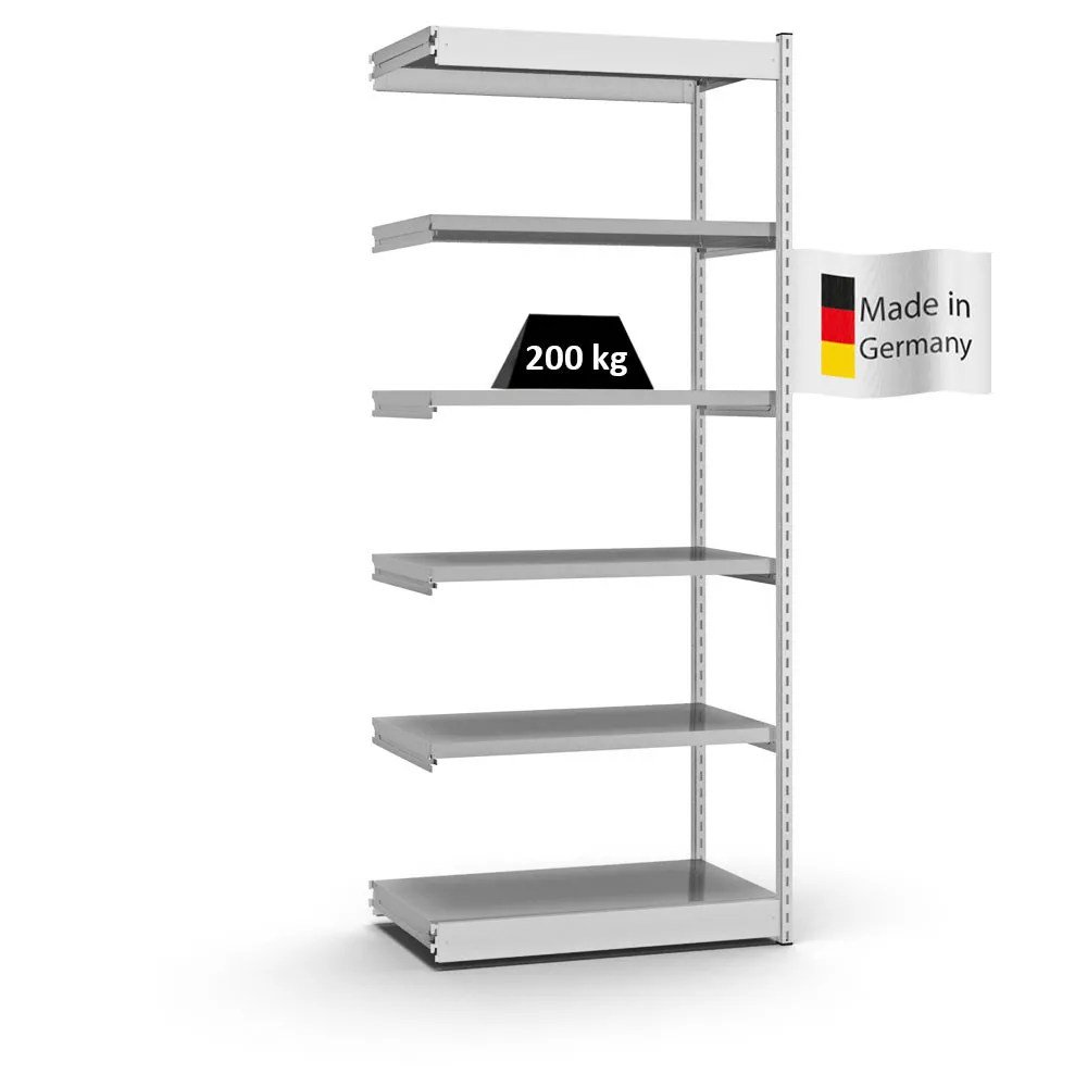 Fachbodenregal Stecksystem Vierkant-Profil | Anbauregal | HxBxT 250x102,5x50cm | 6 Ebenen | Einseitige Bauart | Fachlast 200kg | Lichtgrau/Verzinkt