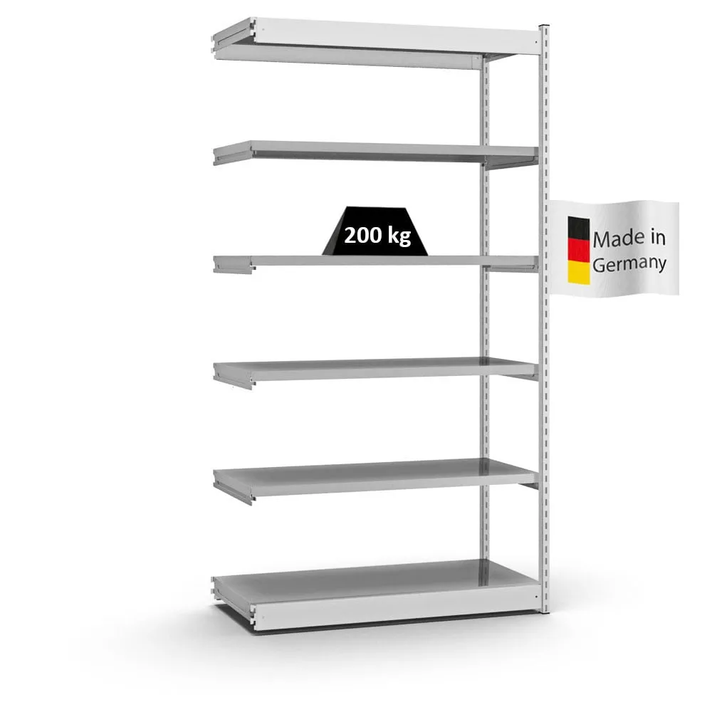 Fachbodenregal Stecksystem Vierkant-Profil | Anbauregal | HxBxT 250x132,5x50cm | 6 Ebenen | Einseitige Bauart | Fachlast 200kg | Lichtgrau/Verzinkt