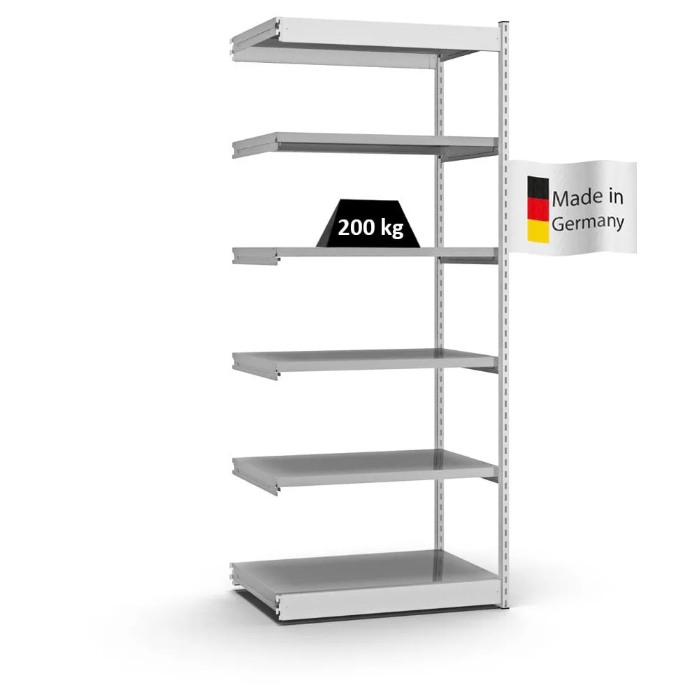 Fachbodenregal Stecksystem Vierkant-Profil | Anbauregal | HxBxT 250x102,5x60cm | 6 Ebenen | Einseitige Bauart | Fachlast 200kg | Lichtgrau/Verzinkt
